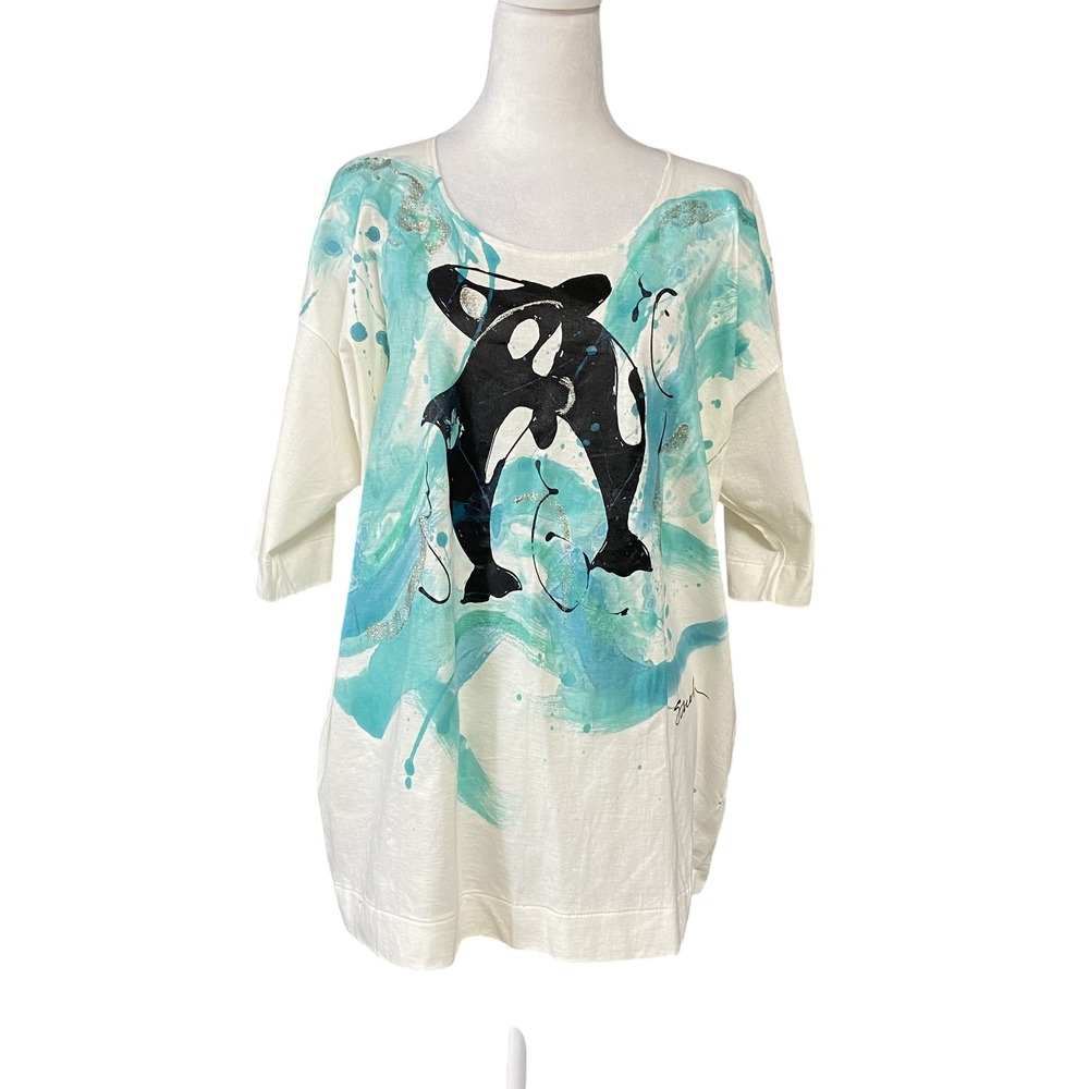 Vintage Sarah Handpainted Shirt Womens XL White Aqua Orca Whale Art 80s Tee Top